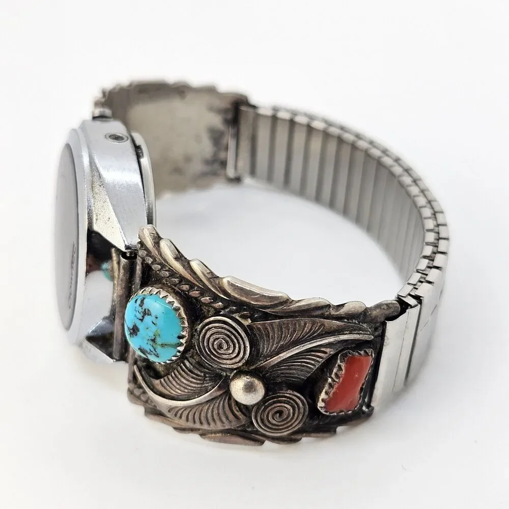 VTG Navajo Sterling Silver Flower Coral Turquoise Band‎ CrownTec Digital Watch